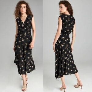 Veronica Beard Wixson Floral V-Neck Silk Blend Midi Dress Size 0 Black Multi